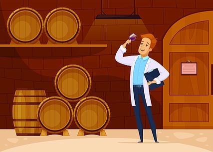 在橡木桶动画片构成传染媒介例证的葡萄酒老化中酒窖储藏室卡通海报